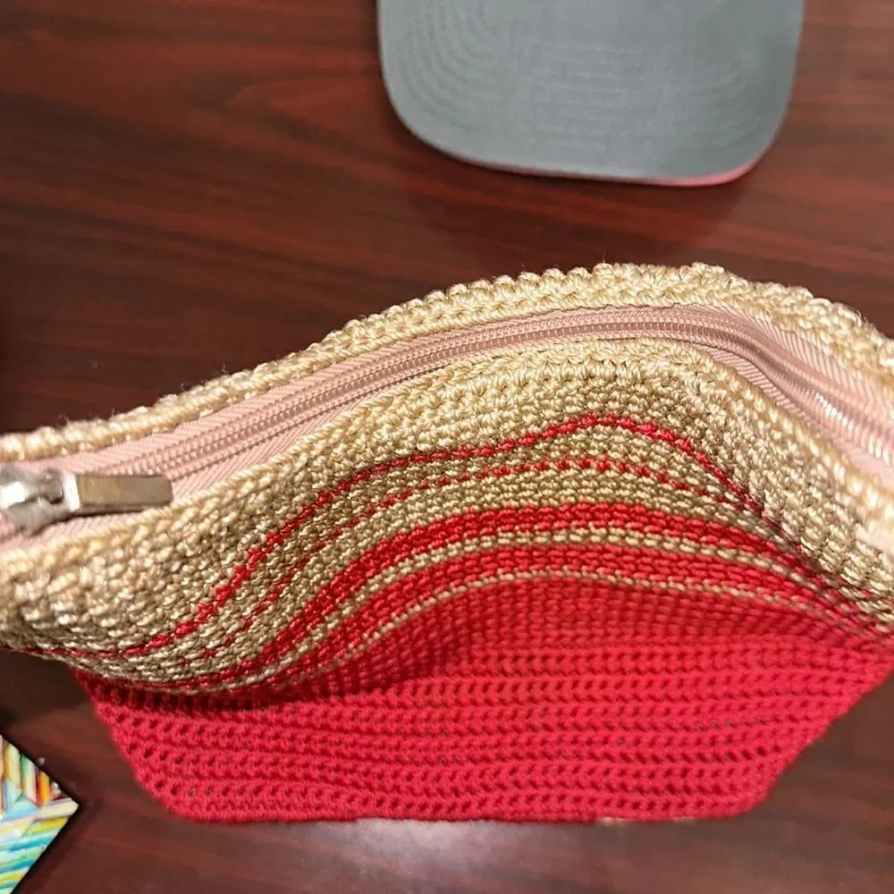 Red Tan Macrame Crochet Hobo Bag Purse